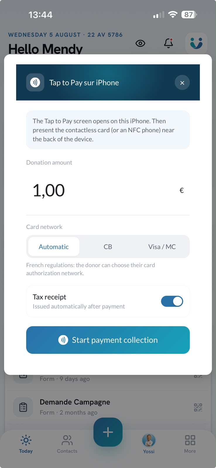 Unisoft admin app — Tap to Pay collection screen